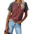 UKAP S-XXL Casual Shirts for Fashion Women Cotton Blouse Crewneck Patchwork Business Office Tunic Tops Dark Gray Red XXL