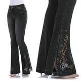 Besufy Women Vintage Side Slit Flare Jeans Elastic Denim Pants Bell Bottoms Trousers
