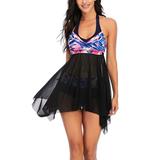 Sexy Dance Women Beachwear Swimwear Backless Swimsuit 2PCS Graffiti Swimdress+Swim Shorts Boyshorts Bottoms Ladies Bathing Suit Tankini Sets Push Up Bra Padded Tummy Control Swimming Costumes