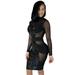 Women Sexy Tulle Stitching Dress Long Sleeve See-Through Mid-Length Dress