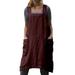 Sexy Dance S-XXXL Women's Cotton Linen Pockets Dress Apron Solid Color Overall Dress Above Knee Wine Red XXL(US 14-16)