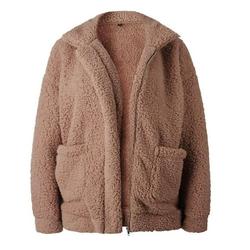 ZEDWELL Women Loose Lapel Lapel Jacket Coat Long Sleeve Autumn Winter Warm Zipper Plush Outwear