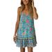 UKAP Women O-Neck Sleeveless Strappy Dress Ladies Summer Boho Floral Printed Ruffle Hem Sundress Lake Blue L(US 10-12)