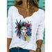 Women's Elegant Letter Floral Print Blouse Shirt Sexy V Neck Long Sleeve Pullover Tops Ladies Casual Loose Streetwear Blouse