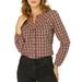 Allegra K Junior's Button Down Puff Sleeves Plaid Collarless Shirt Top