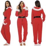 Puloru Women Santa Mrs. Claus Costume Hoodie, Christmas Dress Fancy Outfit Adult, Long sleeve long Jumpsuit Costume Role Play