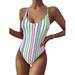 FINELOOK Women's Striped One-piece Swimsuit Color Blocking Low Neck Triangle