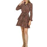 Allegra K Women's Lace V Neck Long Sleeve Belted Swing Floral Tiered Dress