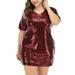 Sexy Dance Womens Plus Size Short Sleeve Cocktail Dress V Neck Bodycon Sequin Wrap Dress Sparkle Mini Sheath Dress