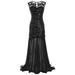 Meterk Women Sequined Gown Dress Sleeveless Pearls Mesh Ruffles Hem Cocktail Party Ball Dress