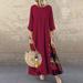 Women Casual Patchwork 3/4 Sleeves O-Neck Button High Low Hem Plus Size Dress