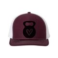 Dumbbell Heart, Crossfit Hat, Workout Hat, Trucker Hat, Baseball Cap, Crossfit Apparel, Adjustable, Maroon/White