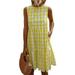 UKAP Women Casual T-Shirt Summer Dresses Plaid Printed Bohemian Dress Swing Boho Sundress Sleeveless with Stitching Yellow XXL=US 16