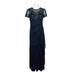 XSCAPE Womens Navy Side Ruched Beaded Gown Short Sleeve Jewel Neck Maxi Evening Dress Size: 16