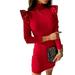 Women Autumn Slim Dress, Adults Sexy Fly Sleeve High Collar Beading One-piece (Red, Black)