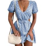 UKAP Women's Summer Beach Tunic Dress Polka Dot Waistband Hollow Out A-line Polka Dot Sexy Dress Light Blue L(US 10-12)
