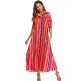 LELINTA Womens Maxi Dress Button Down Stripes Shirt Dress Long Blouse Dresses with Pockets Red/Black