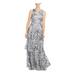 CALVIN KLEIN Womens Silver Sequined Floral Sleeveless Jewel Neck Full-Length Ruffled Formal Dress Size 4