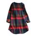 Women's Plaid Swing Dress Long Sleeve Midi Dress Loose Crew Neck Tunic A Line Pullover Dresses Button Cuff Irregular Hem Front Pocket Plus Size Ladies Shirt Dresses