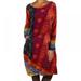 Women's Plus Size Midi Dresses Long Sleeve Floral Print Retro Bohemian Casual Loose Floral Tunic Dresses, Red-S