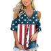 Womens tops time and tru tops graphic tees Womens Patriotic Stripes Star American Flag Cold Shoulder Button Knot Blouse Top