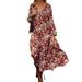 ZANZEA Women Bohemian V Neck Floral Print Loose Big Swing Dress