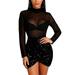 ZIYIXIN Women Hip Dress Sequin Mock Neck Long Sleeve Back Mesh Slim Dress