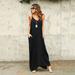 Jocestyle Summer Spaghetti Strap Women Loose Solid Low Neck Beach Dress (Black XL)