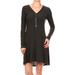 Charcoal Grey Long Sleeve Flared Mini Dress with V-neck Zipper Detail, Medium