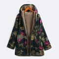 Suzicca Women Faux Fur Hooded Parka Coat Floral Print Side Pockets Warm Vintage Casual Long Coat Outwear