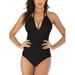 Sexy Ladies Women Plus Size One Piece Swimsuit V NECK Monokinis Swimwear Beachwear Junior's Solid Halter Swimming Costumes Bathing Suit Push Up Padded Bra Backless Tummy Control