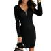 FASHIONWT Women's Bodycon V Neck Zip Up Sweater Mini Dress Knitted Long Sleeve Pullover