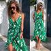 Puloru Womenâ€™s Leaf Print Dress Deep V Neck Hem Slit Strap Beach Maxi Dress