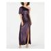 ADRIANNA PAPELL Womens Purple Ruched Slitted Metallic Short Sleeve Asymmetrical Neckline Maxi Evening Dress Size 6