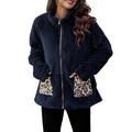 Women?s Faux Shearling Jacket, Lapel Fleece Fuzzy Shaggy Zip Up Coat with Leopard Pockets