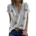 Women's V Neck Short Sleeve Lace Neck T-shirt, Summer Star Blouses Vintage Elegant Tunic Shirt Tops, Light Gray, 2XL