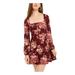 B DARLIN Womens Burgundy Floral Long Sleeve Square Neck Short Fit + Flare Dress Size 0