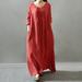 Autumn Women Casual Loose Dress Solid V Neck Long Sleeve Cotton Retro Boho Long Maxi Dress Black/Purple/Red