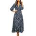 Women Chiffon Floral Long Sleeve Dress Bohemian Chiffon High Waist Slit Button Down V Neck Boho Maxi Dresses Sundress