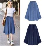 Women's A-Line High Waist Button Pleated Midi Skirt With Elastic Waist Knee Length