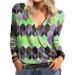 UKAP Women Blouse Long Sleeve Geometric Print T Shirt Casual V Neck Tunic Tops Pullover S-5XL