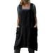 UKAP Casual Beach Kaftan for Women Vintage Fashion Pockets A Line Pinafore Cotton Linen Overall Apron Dress Black XXL(US 14-16)