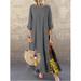 Women Plus Size Patchwork Line Dress 3/4 Sleeves O-Neck Button High Low Hem vintage robe