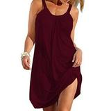 Dresses for women Summer Sleeveless Tank Dress Plain Pleated Vest T Shirt Dress Casual Loose Mini Dress Sundress Beach Bikini Swimsuit Cover Up Red Wine XL