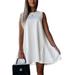 Avamo Women Smocked Dress Summer Ruffle Short Mini Dress Sleeveless Tunic Dress Ladies Crew Neck Plain Beach Sundress