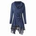 Women Autumn Winter Casual Long Sleeve Cowl Neck Slim Fit Asymmetrical Lace Irregular Hem Dress, Blue