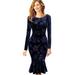 Women Retro Embossed Flowers Long Sleeve Tight Dress Navy