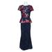 JS Collections Crew Neck Short Sleeve Popover Zipper Back Floral Embroidered Mesh Dress-NAVY FUCHSIA