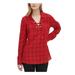 CALVIN KLEIN Womens Red Pocketed Windowpane Plaid Long Sleeve V Neck Tunic Top Size S