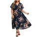 Aimik Party Dress Plus Size Long Dress Women Casual Short Sleeve Cold Shoulder Boho Flower Print